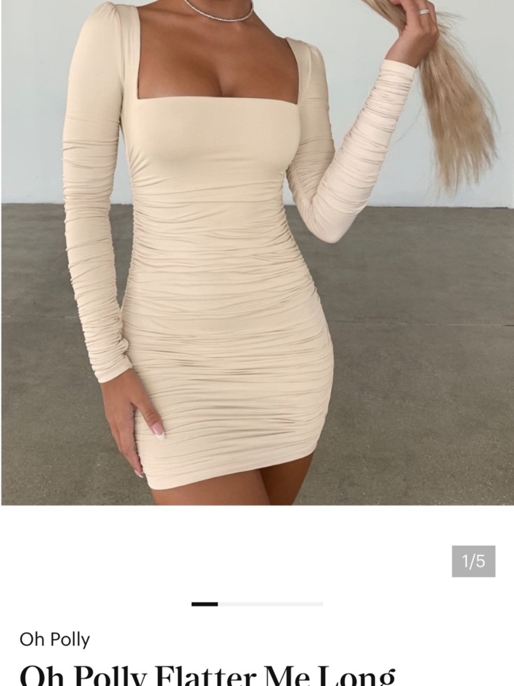 Oh Polly Beige Long-Sleeve Ruched Square Neck Mini Dress